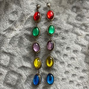 Long Vintage Silver Earrings Multi-Color stones